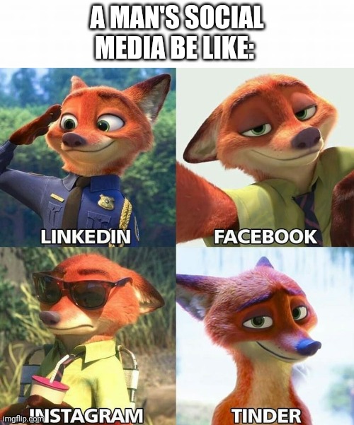 Nick's Social Media | A MAN'S SOCIAL MEDIA BE LIKE: | image tagged in nick wilde social media,zootopia,nick wilde,social media,funny,memes | made w/ Imgflip meme maker