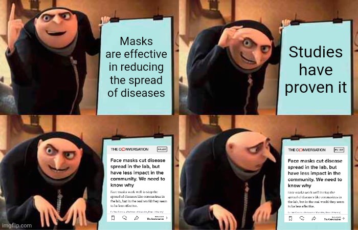Masks are effective in labs and hospitals but not everywhere else | Masks are effective in reducing the spread of diseases; Studies have proven it | image tagged in memes,gru's plan,covid-19,masks,truth | made w/ Imgflip meme maker