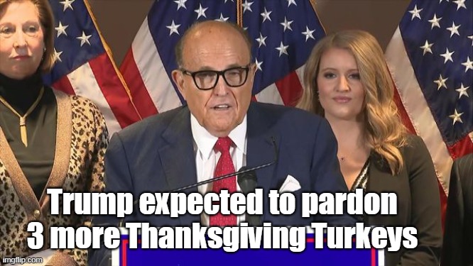 Thanksgiving Turkeys | Trump expected to pardon 3 more Thanksgiving Turkeys | image tagged in donald trump,rudy giuliani,thanksgiving turkeys,pardon,sidney powell | made w/ Imgflip meme maker