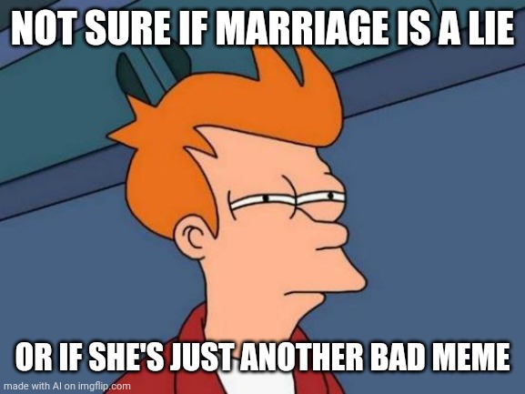 Made by A. I. | NOT SURE IF MARRIAGE IS A LIE; OR IF SHE'S JUST ANOTHER BAD MEME | image tagged in memes,futurama fry,artificial intelligence,supersecretleader | made w/ Imgflip meme maker
