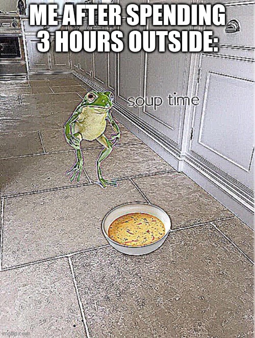 Soup Time | ME AFTER SPENDING 3 HOURS OUTSIDE: | image tagged in soup time | made w/ Imgflip meme maker