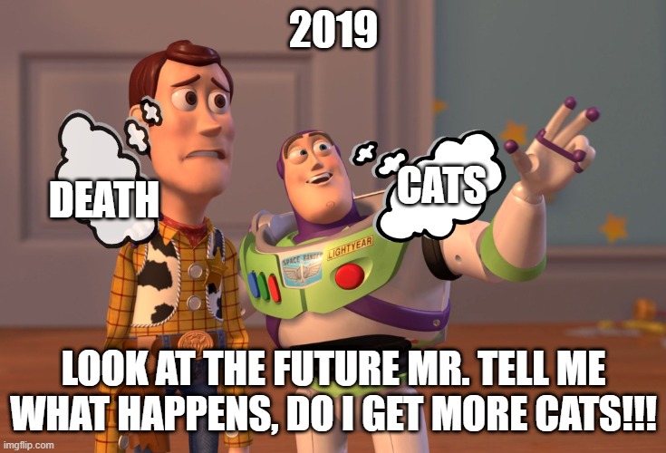 X, X Everywhere | 2019; DEATH; CATS; LOOK AT THE FUTURE MR. TELL ME
WHAT HAPPENS, DO I GET MORE CATS!!! | image tagged in memes,x x everywhere,cats | made w/ Imgflip meme maker