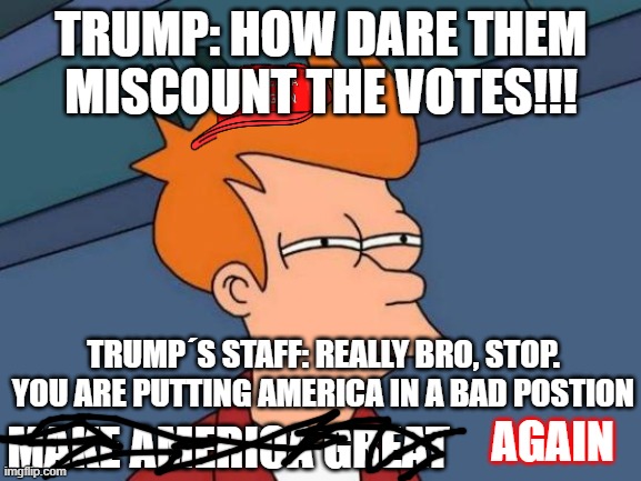 Futurama Fry Meme | TRUMP: HOW DARE THEM MISCOUNT THE VOTES!!! TRUMP´S STAFF: REALLY BRO, STOP. YOU ARE PUTTING AMERICA IN A BAD POSTION; MAKE AMERICA GREAT; AGAIN | image tagged in memes | made w/ Imgflip meme maker