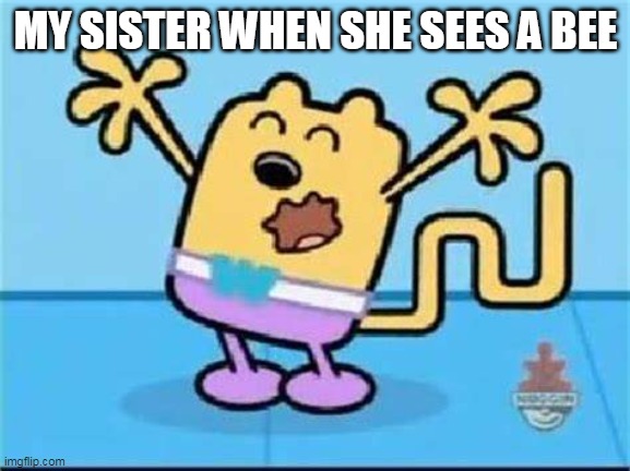 SCREEEEEE ITS A BEE | MY SISTER WHEN SHE SEES A BEE | image tagged in wubbzy,bees,siblings | made w/ Imgflip meme maker