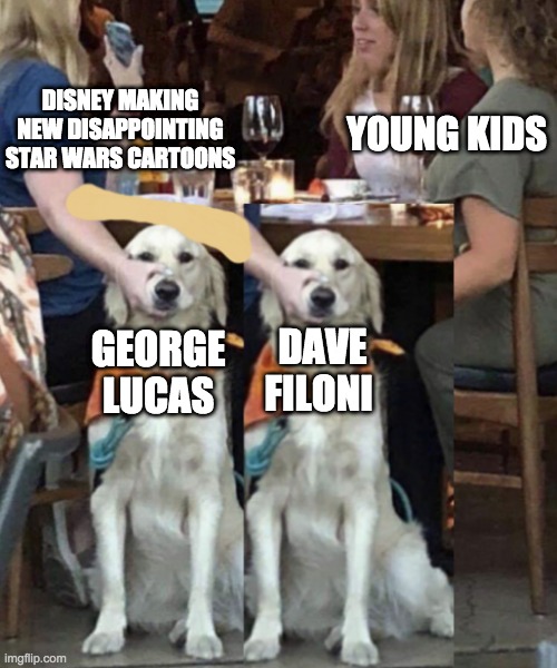 Lady holding dog's mouth | DISNEY MAKING NEW DISAPPOINTING STAR WARS CARTOONS; YOUNG KIDS; DAVE FILONI; GEORGE LUCAS | image tagged in lady holding dog's mouth,star wars,disney killed star wars | made w/ Imgflip meme maker