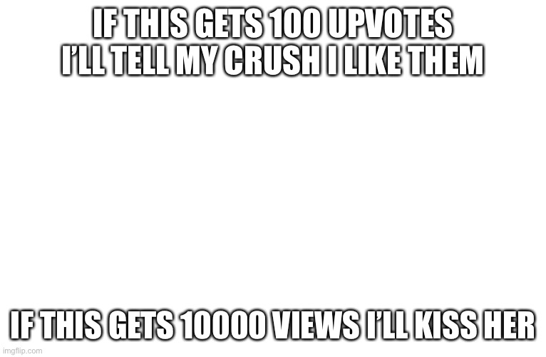 Let’s see how well this does | IF THIS GETS 100 UPVOTES I’LL TELL MY CRUSH I LIKE THEM; IF THIS GETS 10000 VIEWS I’LL KISS HER | image tagged in memes | made w/ Imgflip meme maker