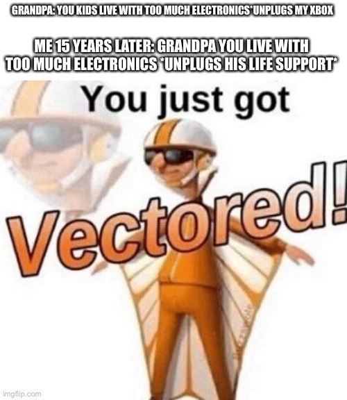 Rekt | GRANDPA: YOU KIDS LIVE WITH TOO MUCH ELECTRONICS*UNPLUGS MY XBOX; ME 15 YEARS LATER: GRANDPA YOU LIVE WITH TOO MUCH ELECTRONICS *UNPLUGS HIS LIFE SUPPORT* | image tagged in you just got vectored | made w/ Imgflip meme maker
