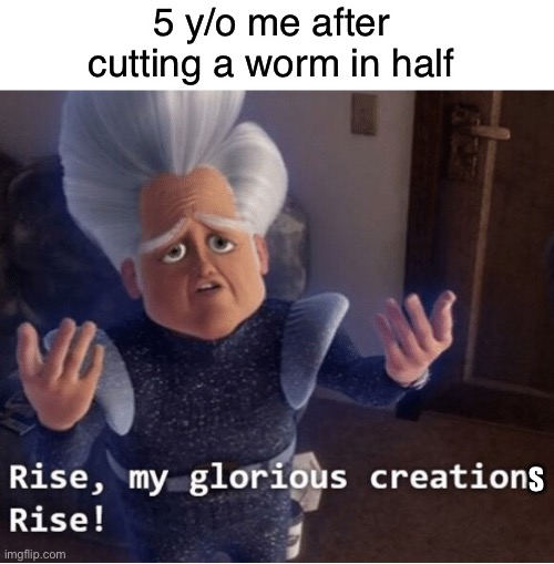 Cutting a worm in half doesn’t make 2 worms! | 5 y/o me after cutting a worm in half; S | image tagged in blank white template,rise my glorious creation,worms,funny,memes,megamind | made w/ Imgflip meme maker