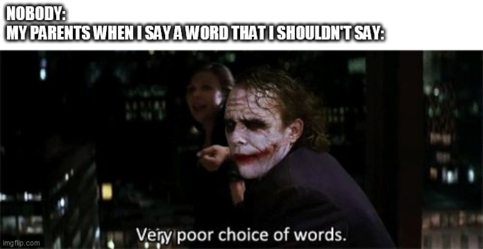My Daily Life Meme #8 | NOBODY:
MY PARENTS WHEN I SAY A WORD THAT I SHOULDN'T SAY: | image tagged in very poor choice of words | made w/ Imgflip meme maker