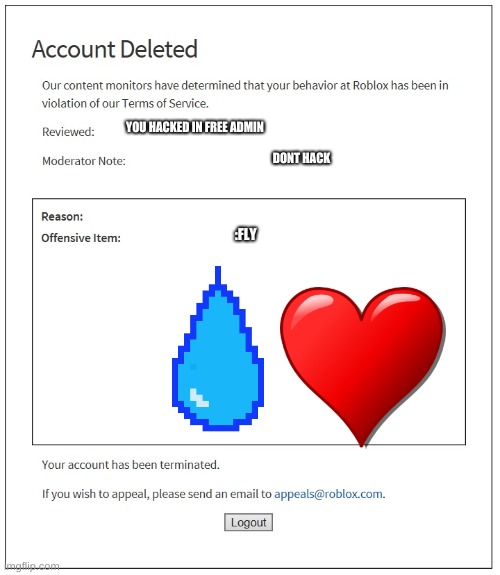 Banned From Roblox Imgflip - roblox site hacked