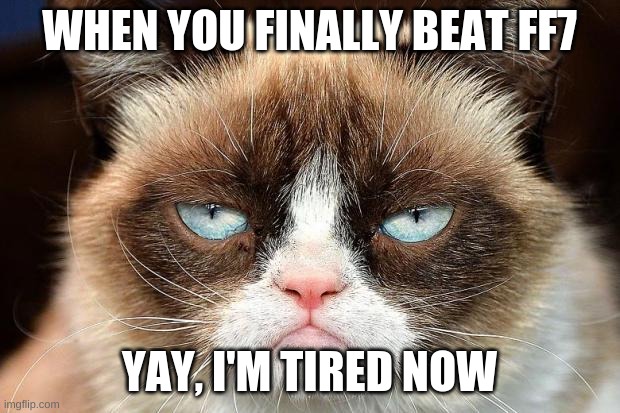 Grumpy Cat Not Amused | WHEN YOU FINALLY BEAT FF7; YAY, I'M TIRED NOW | image tagged in memes,grumpy cat not amused,grumpy cat | made w/ Imgflip meme maker