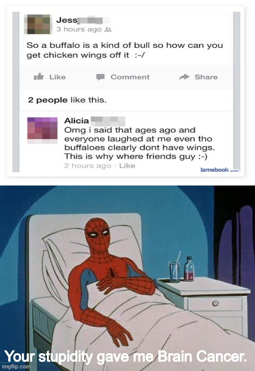 Spiderman Hospital Meme | Your stupidity gave me Brain Cancer. | image tagged in memes,spiderman hospital,spiderman | made w/ Imgflip meme maker