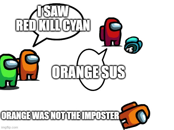 Among us be like | I SAW RED KILL CYAN; ORANGE SUS; ORANGE WAS NOT THE IMPOSTER | image tagged in blank white template | made w/ Imgflip meme maker