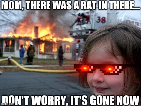 No More Rats |  MOM, THERE WAS A RAT IN THERE... DON'T WORRY, IT'S GONE NOW | image tagged in memes,disaster girl | made w/ Imgflip meme maker