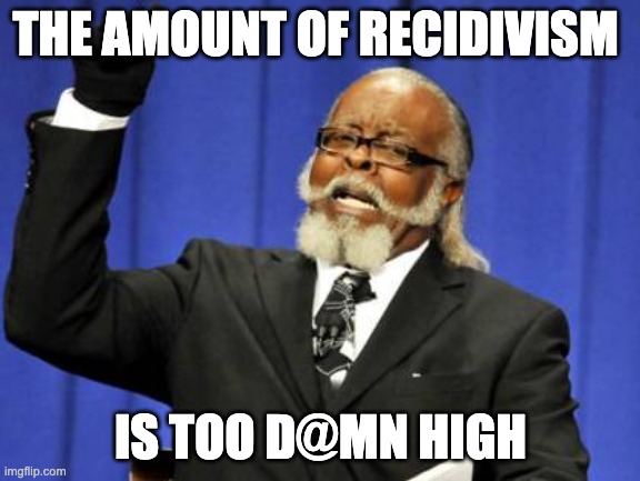 CJ391 | THE AMOUNT OF RECIDIVISM; IS TOO D@MN HIGH | image tagged in memes,too damn high | made w/ Imgflip meme maker