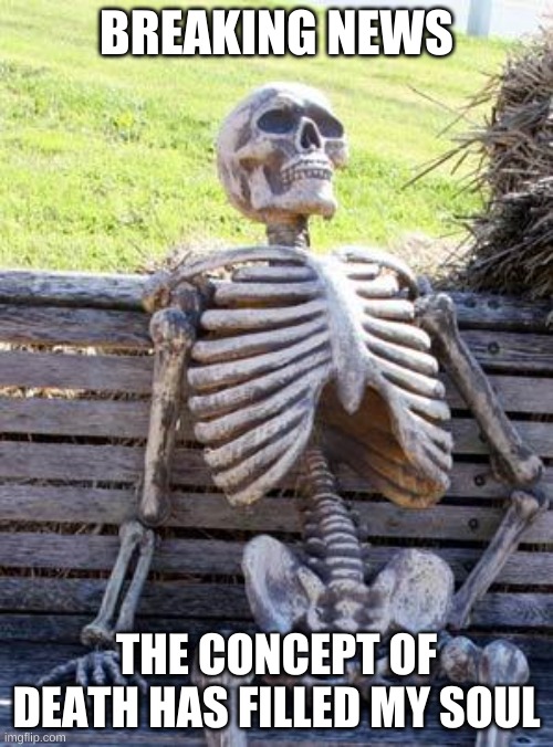 Waiting Skeleton | BREAKING NEWS; THE CONCEPT OF DEATH HAS FILLED MY SOUL | image tagged in memes,waiting skeleton | made w/ Imgflip meme maker