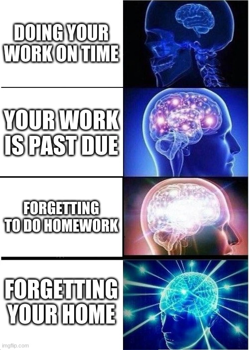 Sup | DOING YOUR WORK ON TIME; YOUR WORK IS PAST DUE; FORGETTING TO DO HOMEWORK; FORGETTING YOUR HOME | image tagged in memes,expanding brain | made w/ Imgflip meme maker