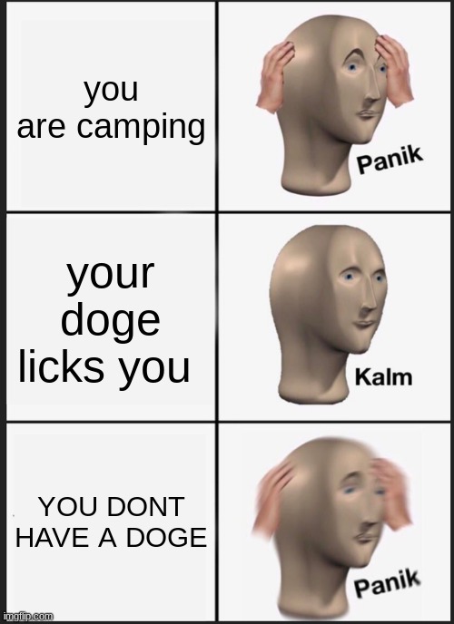 ahhhhhh | you are camping; your doge licks you; YOU DONT HAVE A DOGE | image tagged in memes,panik kalm panik | made w/ Imgflip meme maker