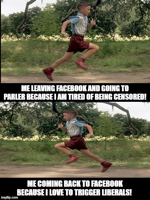 Me coming back to Facebook because I love to trigger liberals! | ME LEAVING FACEBOOK AND GOING TO PARLER BECAUSE I AM TIRED OF BEING CENSORED! ME COMING BACK TO FACEBOOK BECAUSE I LOVE TO TRIGGER LIBERALS! | image tagged in facebook,stupid liberals | made w/ Imgflip meme maker