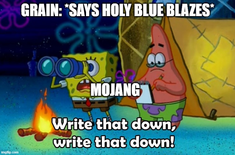 Minecraft Nether | GRAIN: *SAYS HOLY BLUE BLAZES*; MOJANG | image tagged in write that down | made w/ Imgflip meme maker