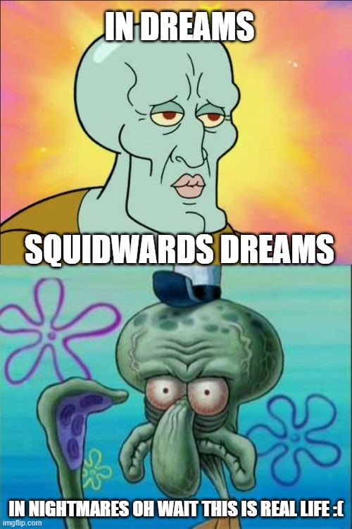 poor swuidward | IN DREAMS; SQUIDWARDS DREAMS; IN NIGHTMARES OH WAIT THIS IS REAL LIFE :( | image tagged in memes,squidward | made w/ Imgflip meme maker