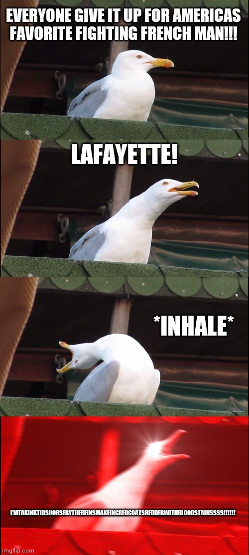 I don't know if someone has already thought of this but here | EVERYONE GIVE IT UP FOR AMERICAS FAVORITE FIGHTING FRENCH MAN!!! LAFAYETTE! *INHALE*; I'MTAKINKTHISHORSEBYTHEREINSMAKEINGREDCOATSREDDERWITHBLOODSTAINSSSS!!!!!! | image tagged in memes,inhaling seagull | made w/ Imgflip meme maker