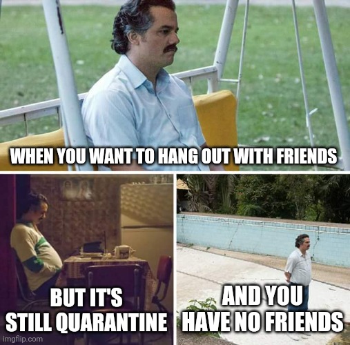 I guess I'll just binge Narcos again | WHEN YOU WANT TO HANG OUT WITH FRIENDS; BUT IT'S STILL QUARANTINE; AND YOU HAVE NO FRIENDS | image tagged in memes,sad pablo escobar | made w/ Imgflip meme maker