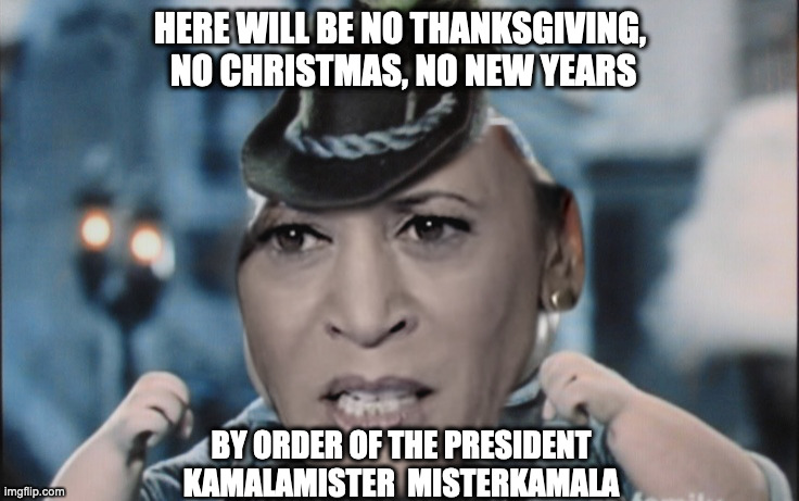 KalamaMister MisterKamala | HERE WILL BE NO THANKSGIVING,  NO CHRISTMAS, NO NEW YEARS; BY ORDER OF THE PRESIDENT
KAMALAMISTER  MISTERKAMALA | image tagged in burger mister misterburger,harris,president,trump,fu ny,meme | made w/ Imgflip meme maker