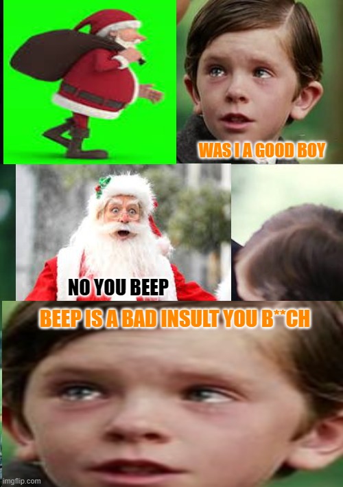 bad insult from santa #1 | WAS I A GOOD BOY; NO YOU BEEP; BEEP IS A BAD INSULT YOU B**CH | image tagged in bad insult from santa | made w/ Imgflip meme maker