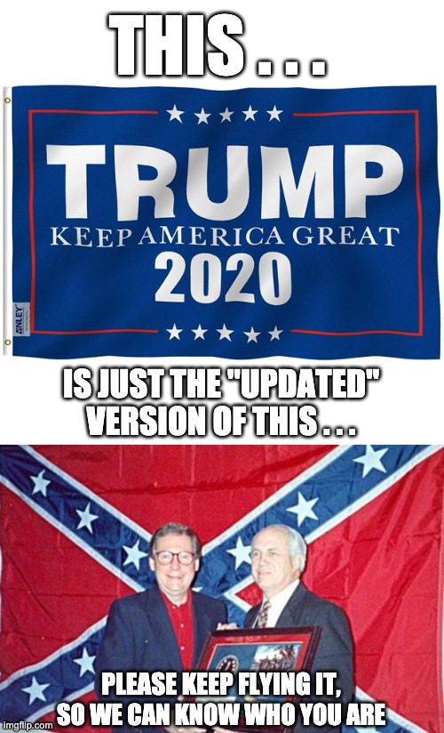 New version 3.0 now available | THIS . . . IS JUST THE "UPDATED" VERSION OF THIS . . . PLEASE KEEP FLYING IT, SO WE CAN KNOW WHO YOU ARE | image tagged in trump flag,racist,racism,loser,failure,election | made w/ Imgflip meme maker