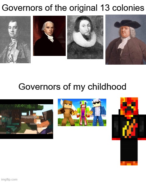 Governors of the original 13 colonies; Governors of my childhood | image tagged in nostalgia,minecraft,memes,youtubers | made w/ Imgflip meme maker