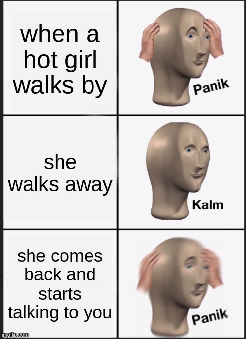 Panik Kalm Panik Meme | when a hot girl walks by; she walks away; she comes back and starts talking to you | image tagged in memes,panik kalm panik | made w/ Imgflip meme maker