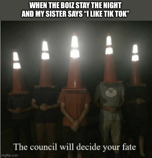 The council will decide your fate | WHEN THE BOIZ STAY THE NIGHT AND MY SISTER SAYS “I LIKE TIK TOK” | image tagged in the council will decide your fate | made w/ Imgflip meme maker