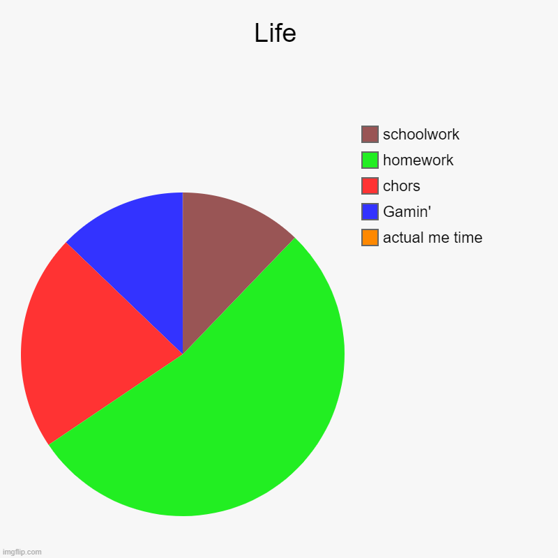 Life | actual me time, Gamin', chors, homework, schoolwork | image tagged in charts,pie charts | made w/ Imgflip chart maker