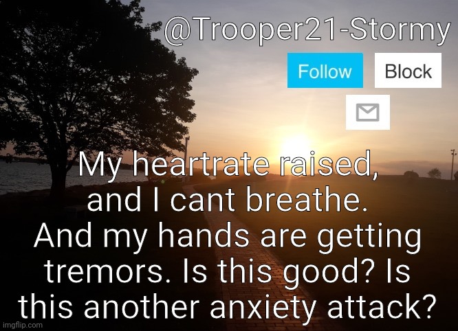 Trooper21-Stormy | My heartrate raised, and I cant breathe. And my hands are getting tremors. Is this good? Is this another anxiety attack? | image tagged in trooper21-stormy | made w/ Imgflip meme maker