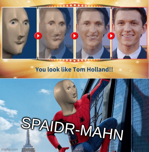 Spaidr-Mahn | SPAIDR-MAHN | image tagged in spiderman,meme man | made w/ Imgflip meme maker
