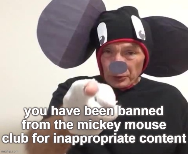 you have been banned | you have been banned from the mickey mouse club for inappropriate content | image tagged in funny memes | made w/ Imgflip meme maker