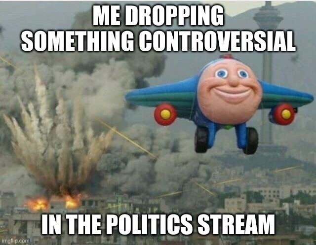 I don't really do politics but I have done this before | ME DROPPING SOMETHING CONTROVERSIAL; IN THE POLITICS STREAM | image tagged in jay jay the plane,controversial,politics,memes,funny,true | made w/ Imgflip meme maker