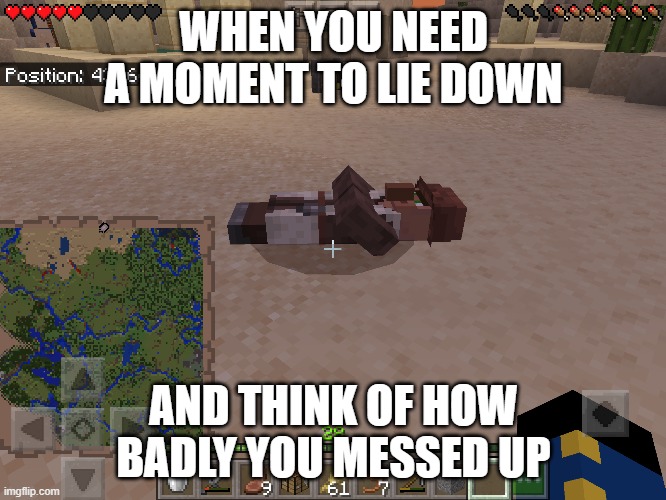WHEN YOU NEED A MOMENT TO LIE DOWN; AND THINK OF HOW BADLY YOU MESSED UP | image tagged in minecraft | made w/ Imgflip meme maker