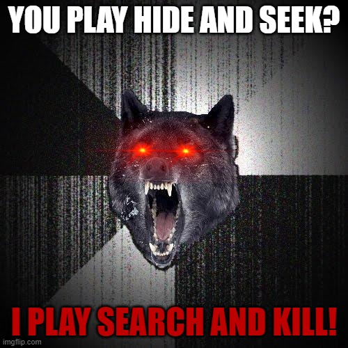Insanity Wolf Meme | YOU PLAY HIDE AND SEEK? I PLAY SEARCH AND KILL! | image tagged in memes,insanity wolf | made w/ Imgflip meme maker