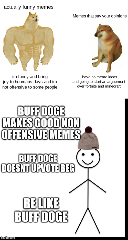 be like buff doge | actually funny memes; Memes that say your opinions; i have no meme ideas and going to start an arguement over fortnite and minecraft; im funny and bring joy to hoomans days and im not offensive to some people; BUFF DOGE MAKES GOOD NON OFFENSIVE MEMES; BUFF DOGE DOESNT UPVOTE BEG; BE LIKE BUFF DOGE | image tagged in memes,buff doge vs cheems,be like bill | made w/ Imgflip meme maker