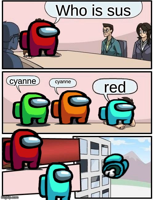 Boardroom Meeting Suggestion | Who is sus; cyanne; cyanne; red | image tagged in memes,boardroom meeting suggestion | made w/ Imgflip meme maker