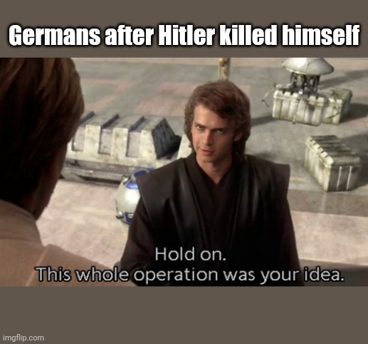 Hold on this whole operation was your idea | Germans after Hitler killed himself | image tagged in hold on this whole operation was your idea | made w/ Imgflip meme maker