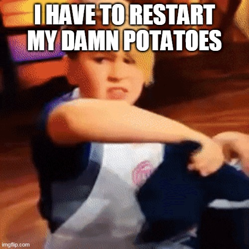 Potato kid | I HAVE TO RESTART MY DAMN POTATOES | image tagged in funny | made w/ Imgflip meme maker