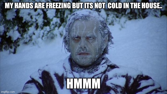 Why my hands cold | MY HANDS ARE FREEZING BUT ITS NOT  COLD IN THE HOUSE.. HMMM | image tagged in cold | made w/ Imgflip meme maker