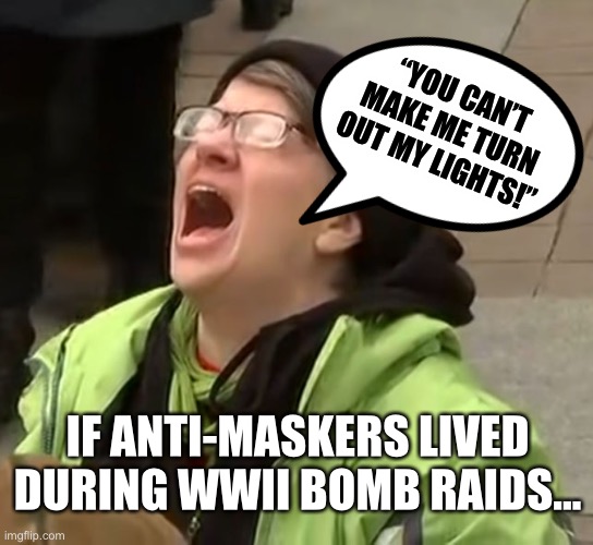 Anti-maskers | “YOU CAN’T MAKE ME TURN OUT MY LIGHTS!”; IF ANTI-MASKERS LIVED DURING WWII BOMB RAIDS... | image tagged in masks,covid,coronavirus,covid-19,snowflakes,karen | made w/ Imgflip meme maker