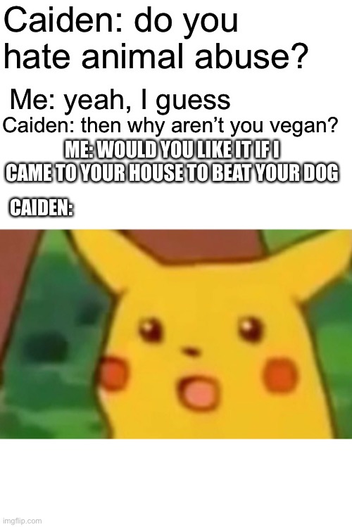 Surprised Pikachu | Caiden: do you hate animal abuse? Me: yeah, I guess; Caiden: then why aren’t you vegan? ME: WOULD YOU LIKE IT IF I CAME TO YOUR HOUSE TO BEAT YOUR DOG; CAIDEN: | image tagged in memes,surprised pikachu | made w/ Imgflip meme maker