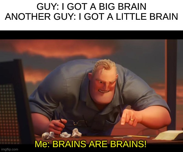 fax | GUY: I GOT A BIG BRAIN
ANOTHER GUY: I GOT A LITTLE BRAIN; Me: BRAINS ARE BRAINS! | image tagged in math is math | made w/ Imgflip meme maker