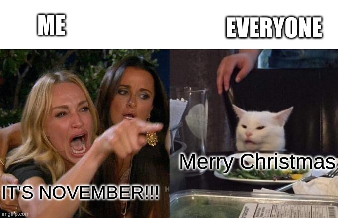 Woman Yelling At Cat | EVERYONE; ME; Merry Christmas; IT'S NOVEMBER!!! | image tagged in memes,woman yelling at cat | made w/ Imgflip meme maker