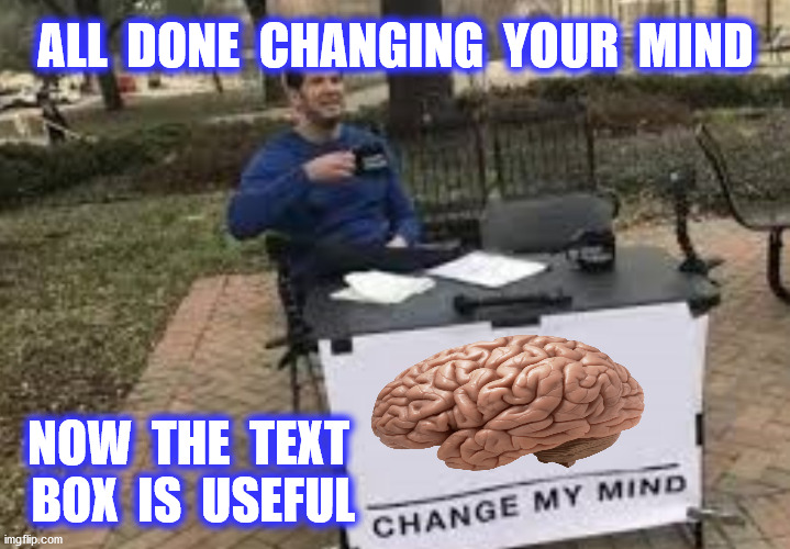 ALL  DONE  CHANGING  YOUR  MIND NOW  THE  TEXT  BOX  IS  USEFUL | made w/ Imgflip meme maker